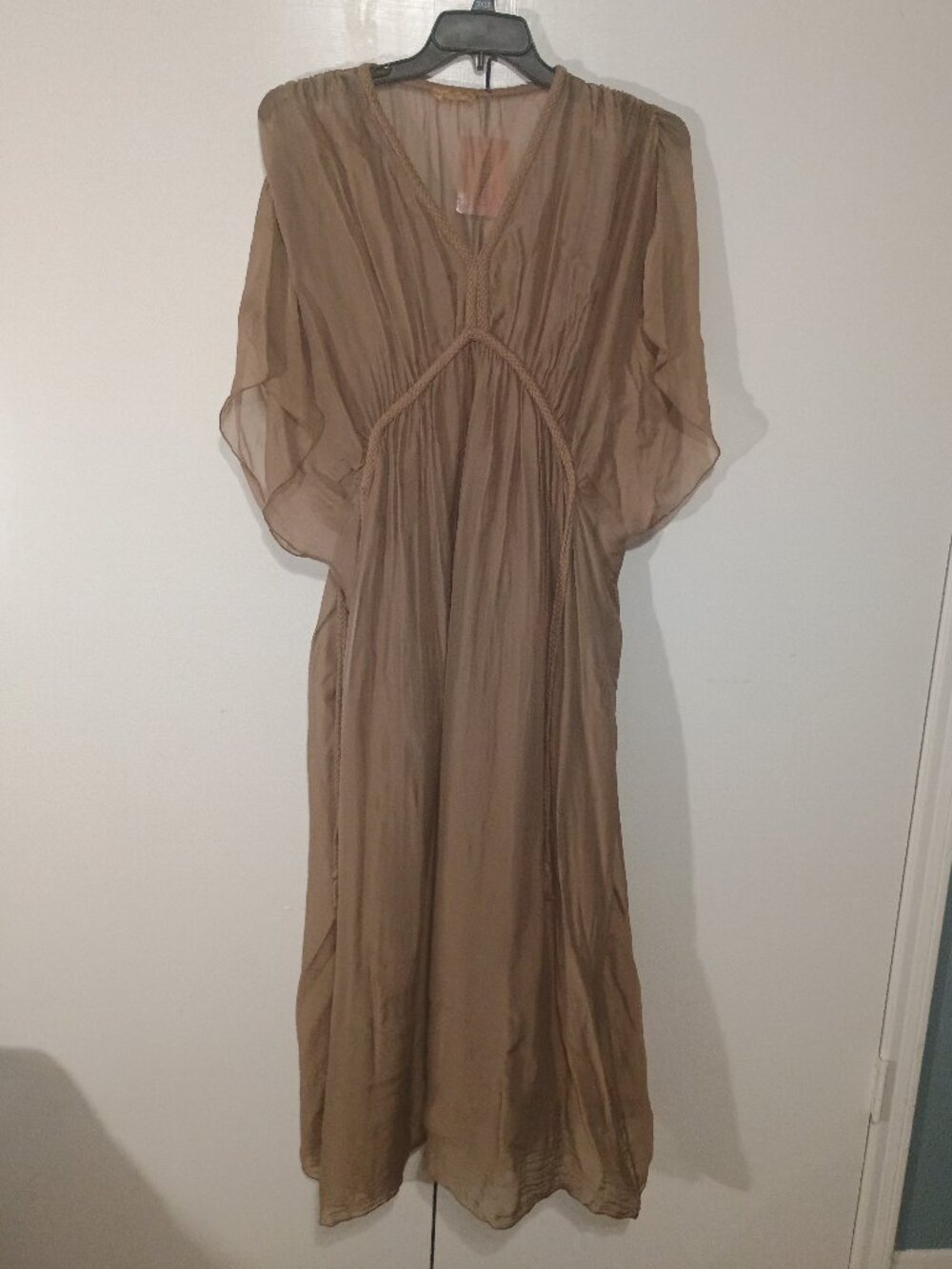 Boho Taupe Grecian Maxi Dress Braided Trim Dolman Sleeve Flowy Kaftan NWT - Picture 2 of 8